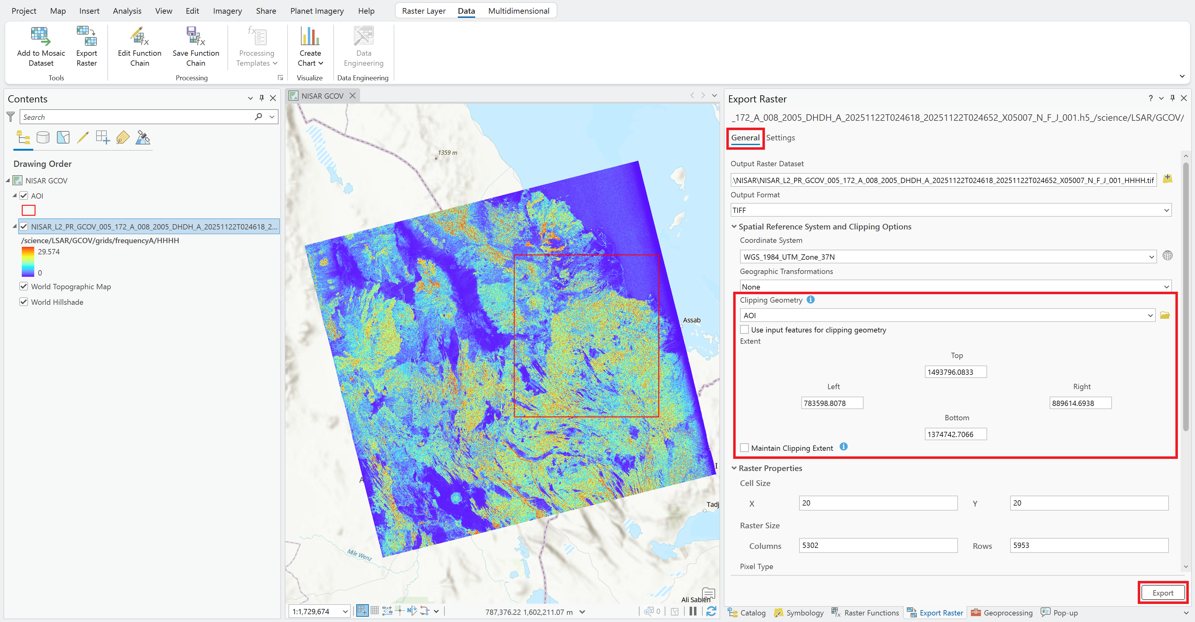 Screenshot illustrating setting the raster extent in the Export Raster dialog window