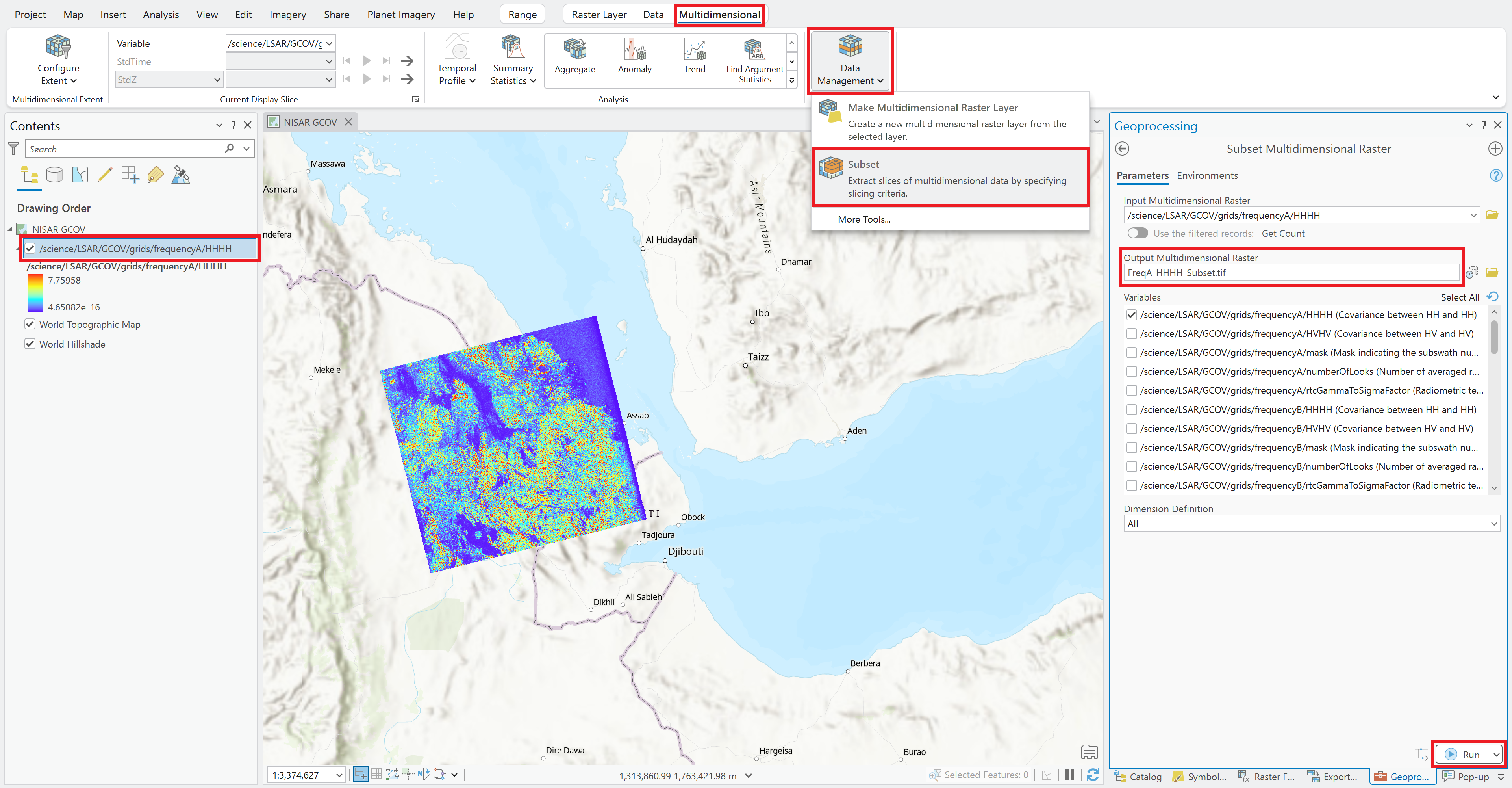 Screenshot demonstrating using the subset tool in ArcGIS Pro