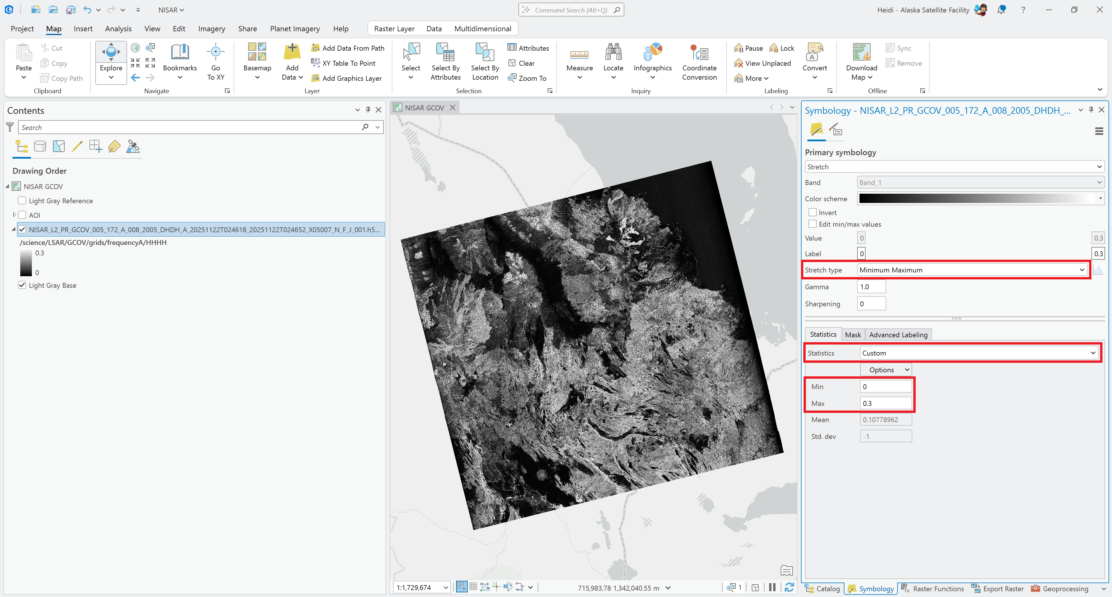 Screenshot showing how to set custom min-max values for stretch symbology in ArcGIS Pro