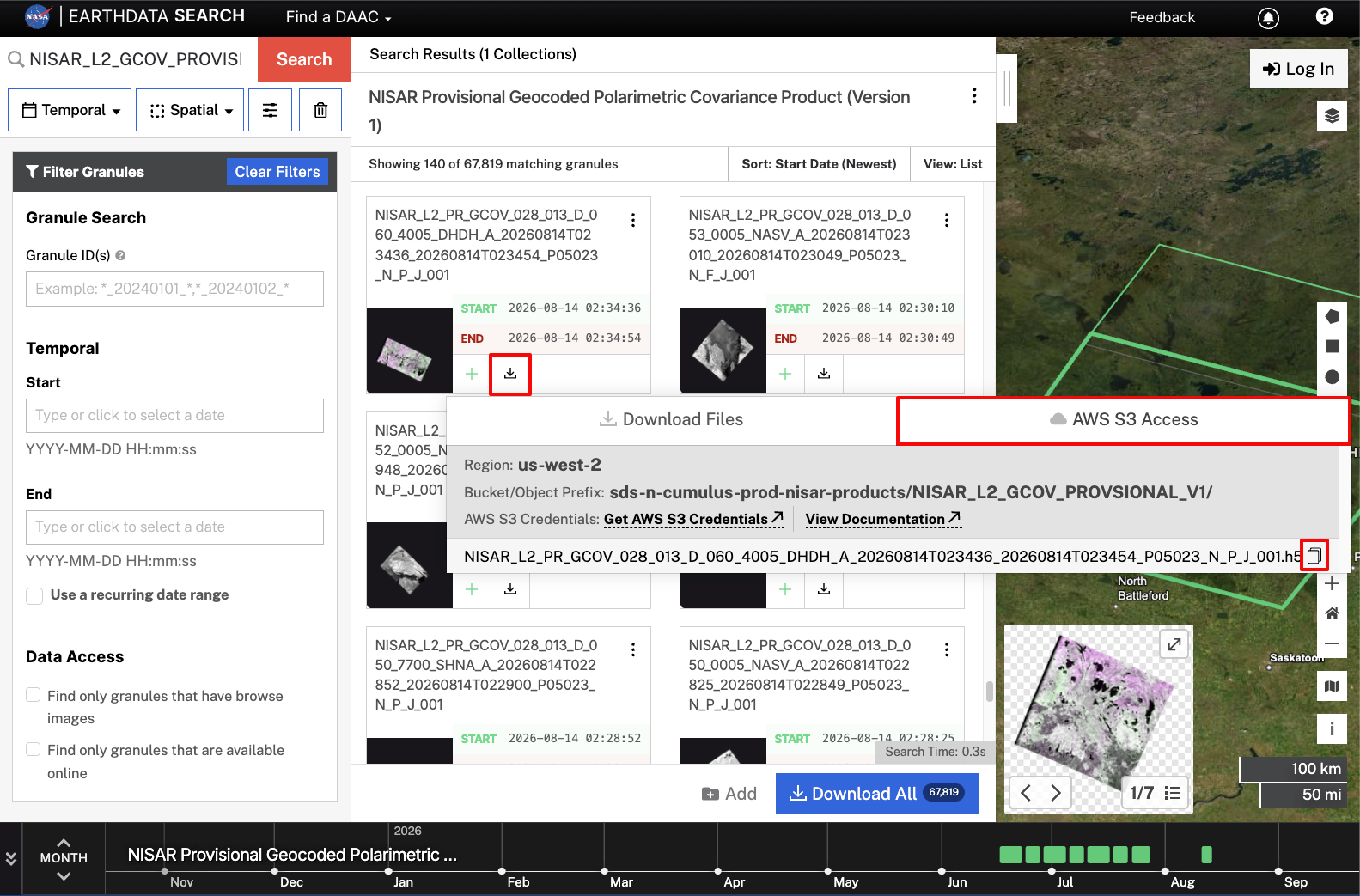 Screenshot showing how to retrieve the S3 access path for a single GCOV granule.  