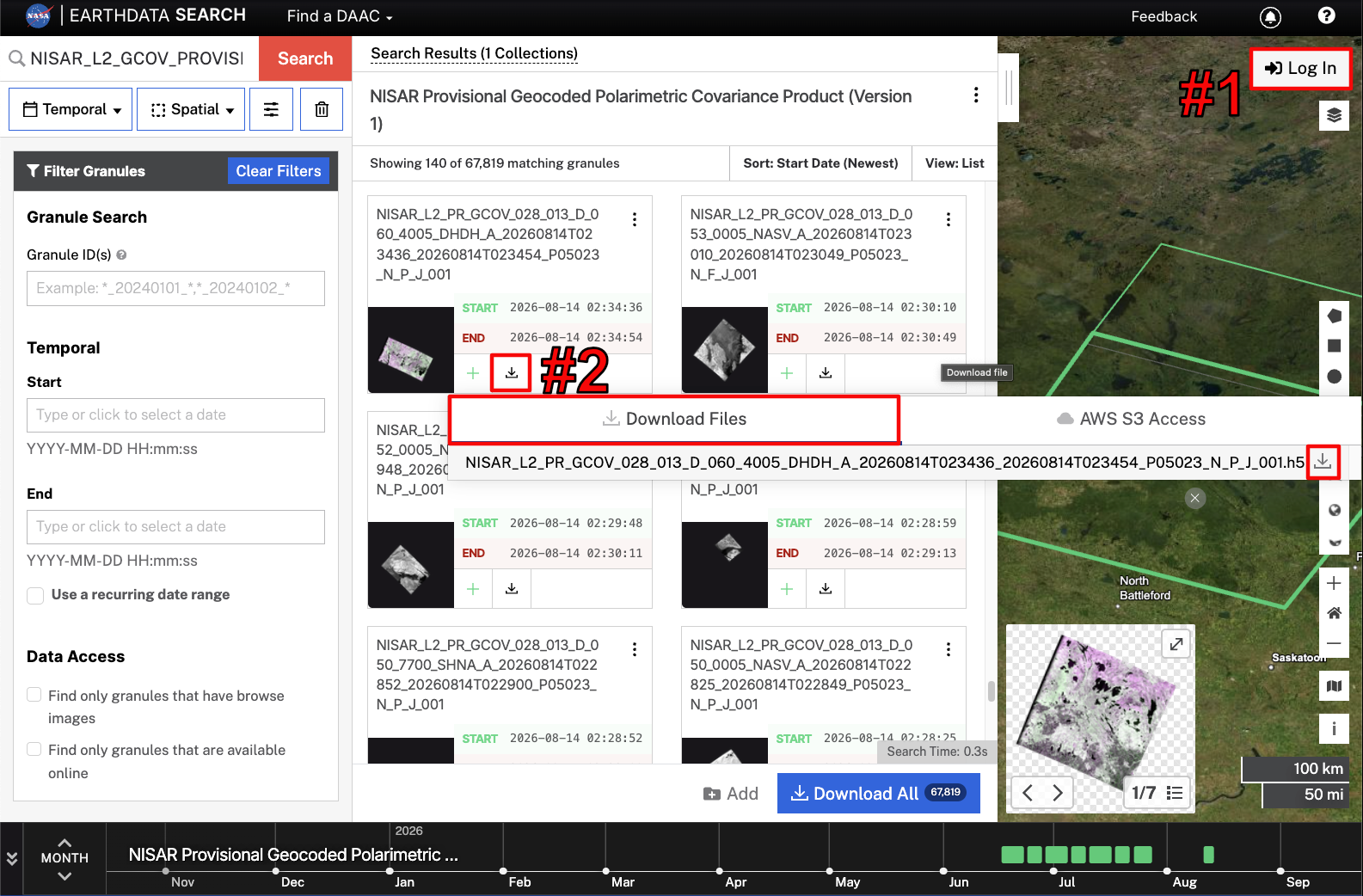 Screenshot showing how to select and download a single GCOV granule.  