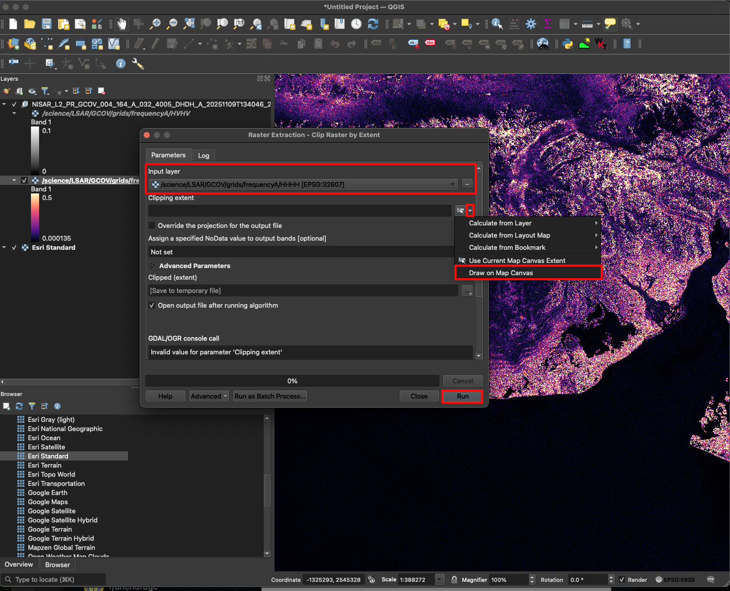 Screenshot showing the **Clip Raster by Extent** raster tool