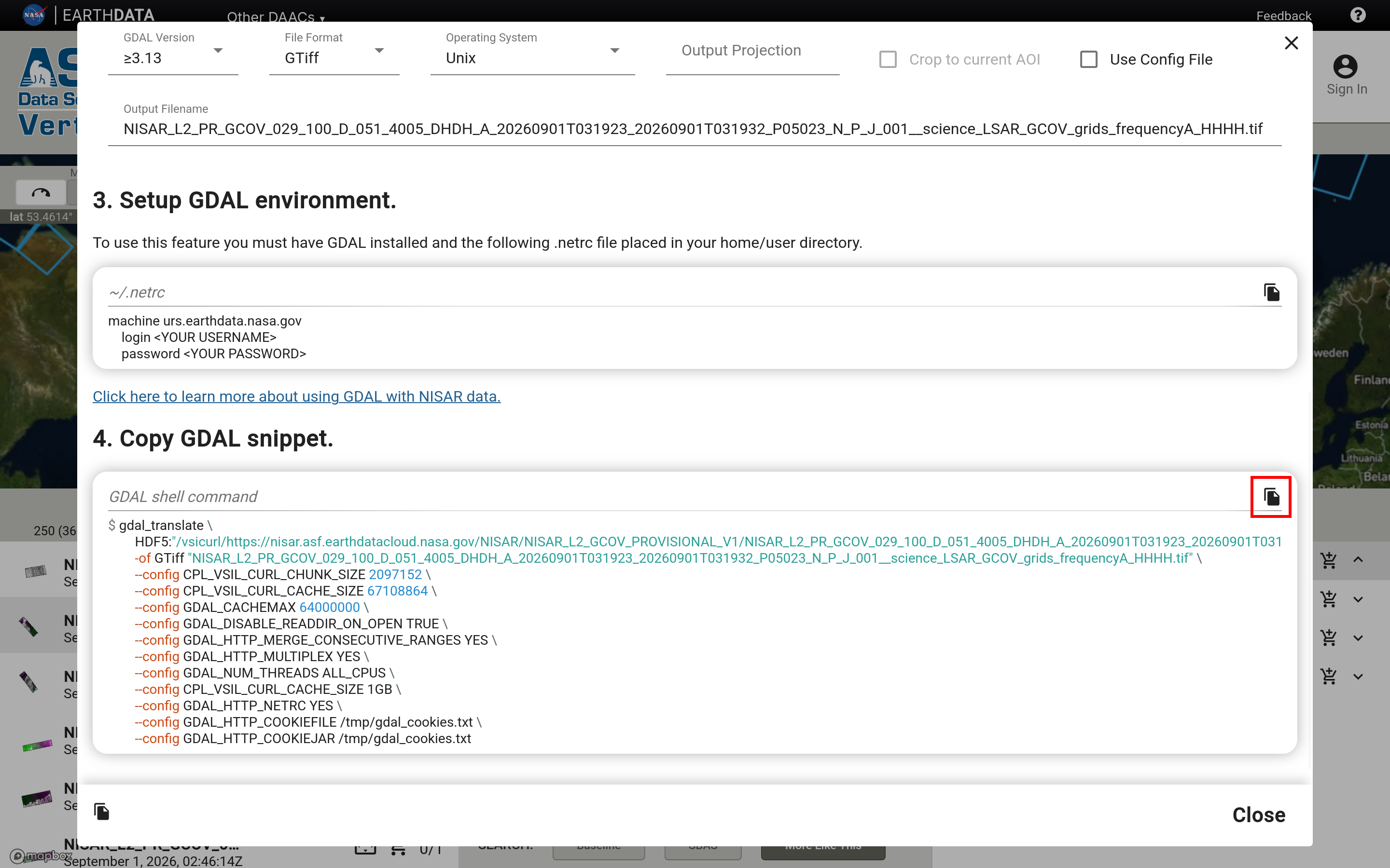 Screenshot displaying the icon to click to copy the GDAL command output in the GDAL snipet dialog.