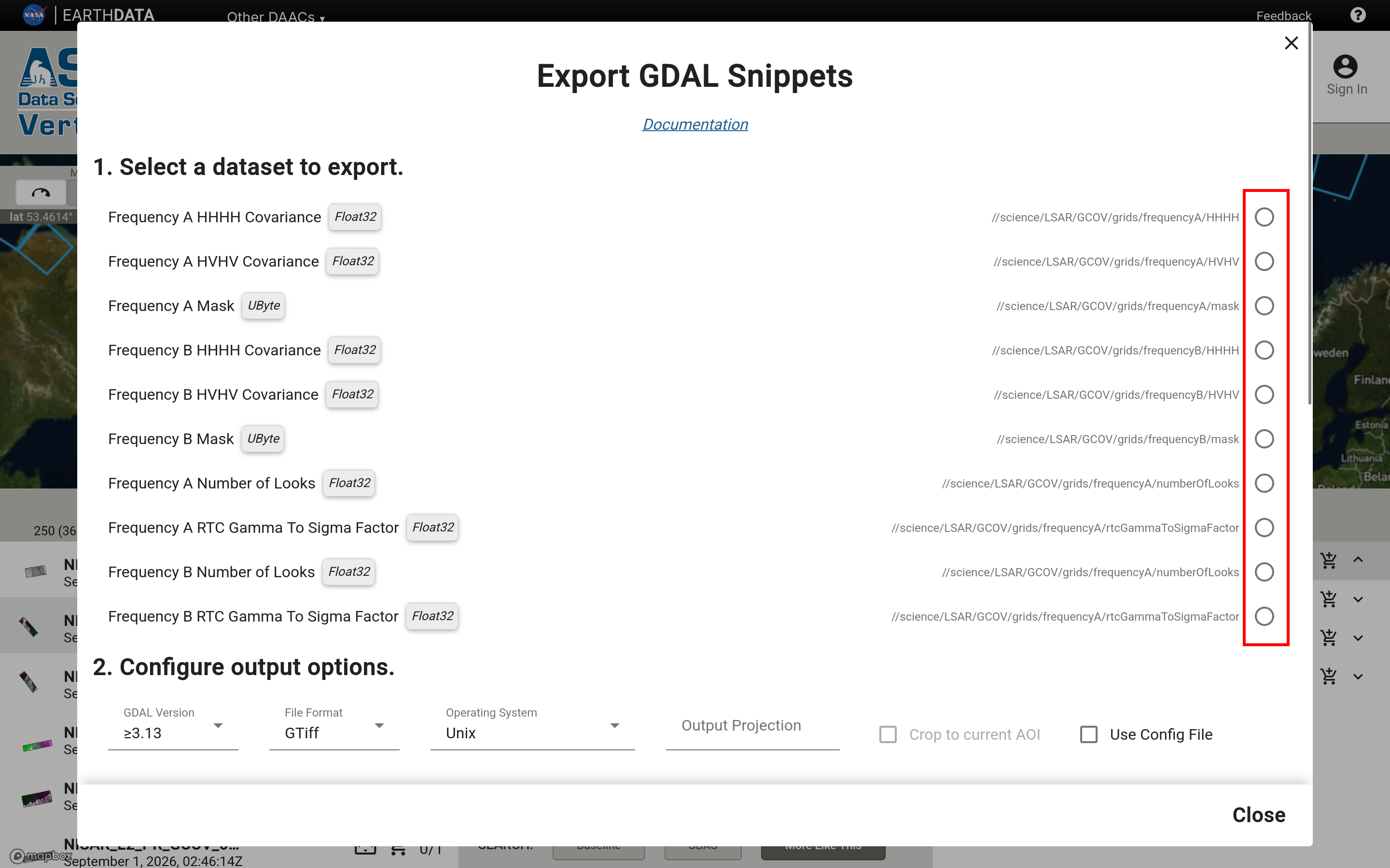 Screenshot displaying the datasets in the GDAL snippet dialog.