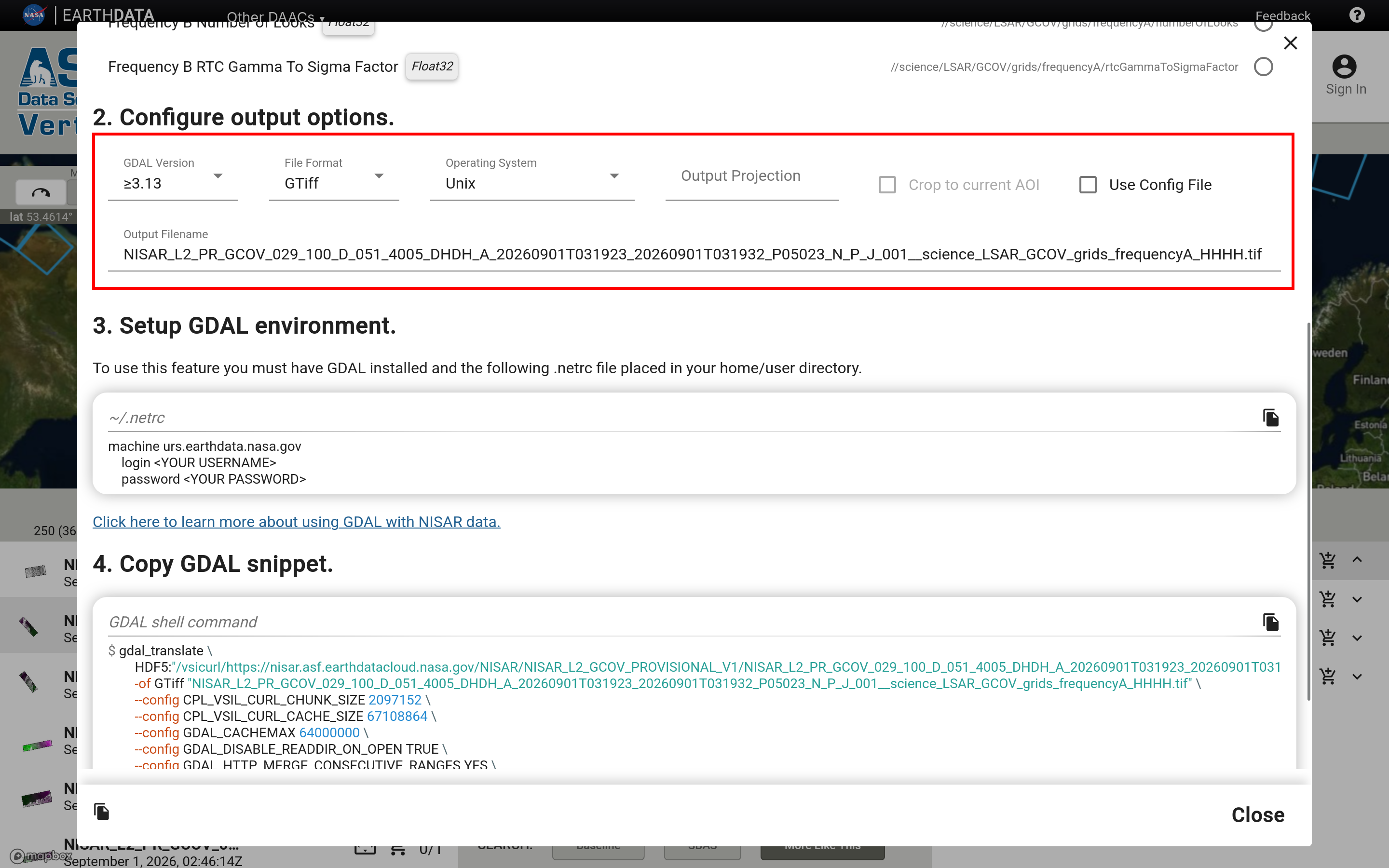 Screenshot displaying the GDAL snippet dialog options.
