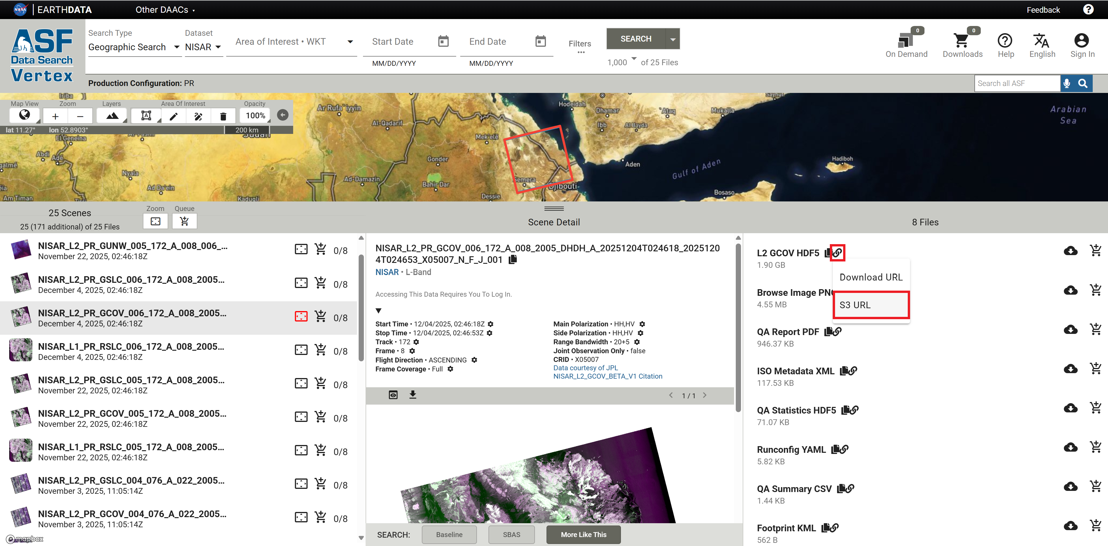 Screenshot showing how to copy an S3 URL from Vertex search results