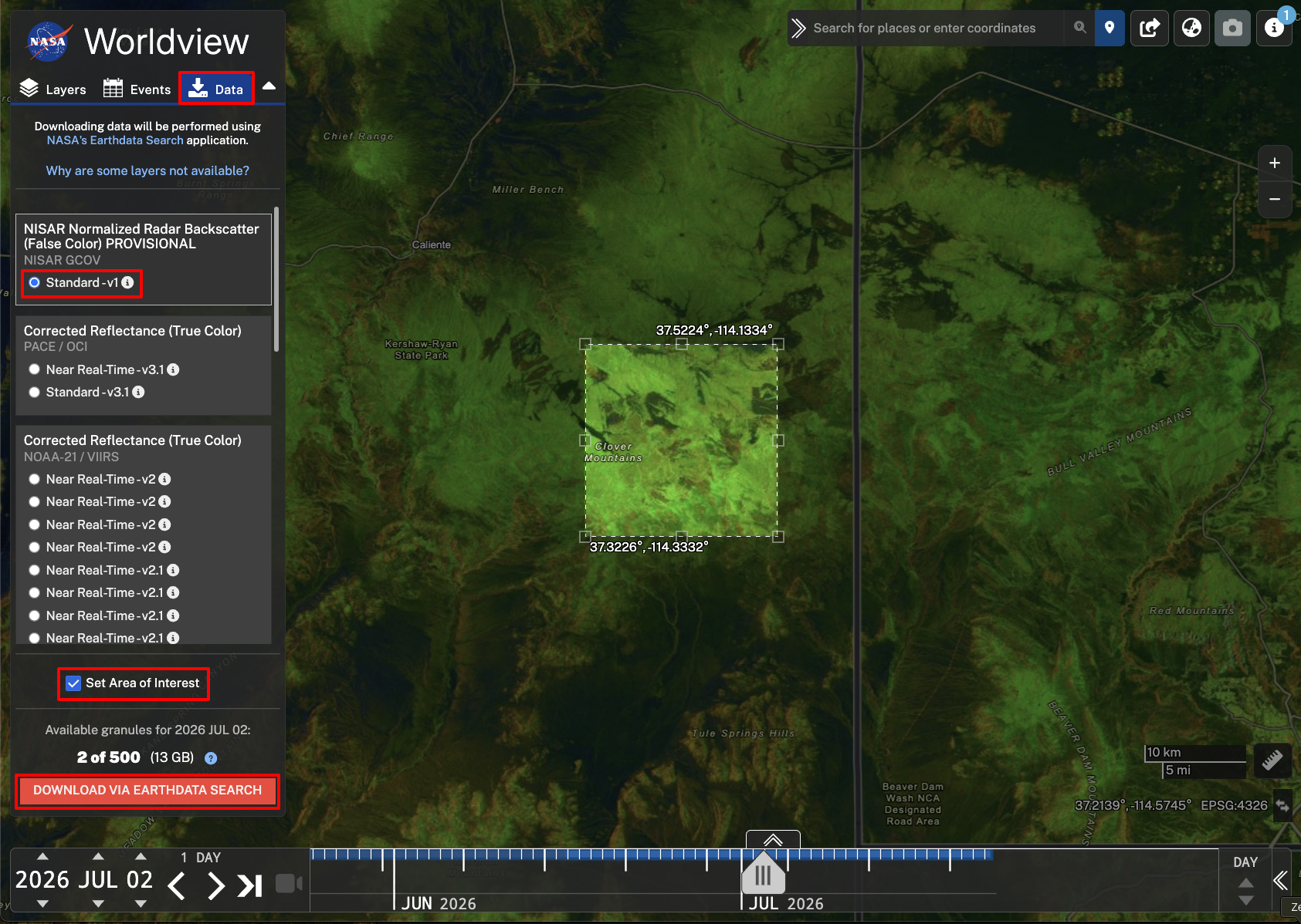 Screenshot displaying the Data download parameters.